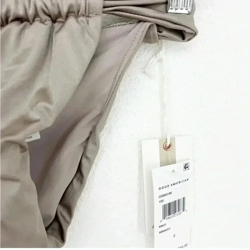 NWT Good American Mink‎ Shine Satin Ruched High Rise Bikini Bottoms, Size XS